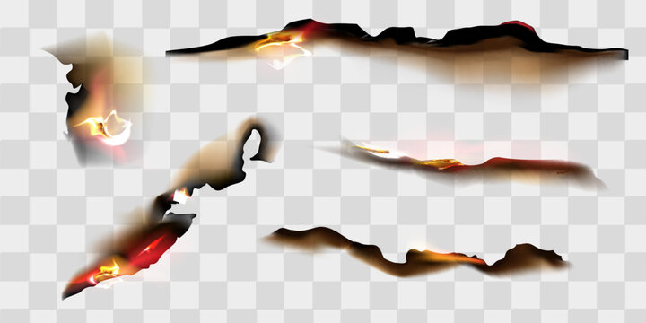 Fire on burnt paper edges. Frames with burn effect with yellow flame, black ash and scorched edges of pages or parchment sheets isolated on transparent background,