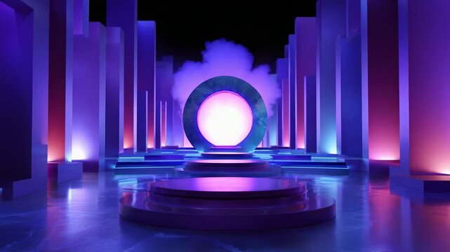 A mesmerizing scene featuring a large circular portal set within a dazzling environment illuminated by vibrant purple and blue lighting