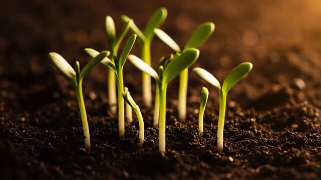 Time-lapse of small green seedlings growing in dark soil under warm light.