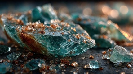 Close-up of fragmented, transparent blue-green shards with crystallized texture