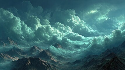 Dramatic vista of mountain peaks beneath swirling, ominous storm clouds