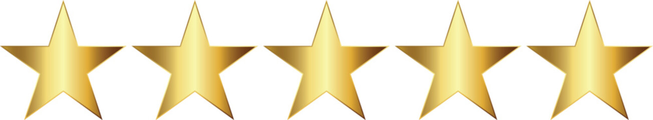 Five gold star rating icon isolated on transparent background for premium reviews and awards. Five stars customer rating feedback isolated vector illustration. Suitable for apps and websites