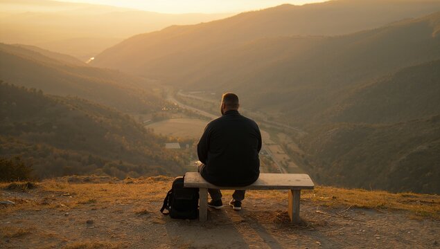 Sitting man wearing dark jacket on wooden bench at overlook facing valley, with black backpack