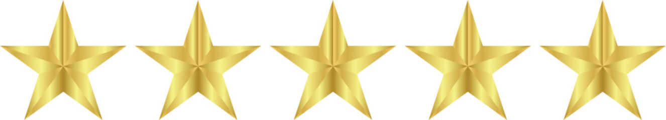 Bright gold five-star rating icon isolated on transparent background for reviews and premium quality. Star rating realistic gold star set vector