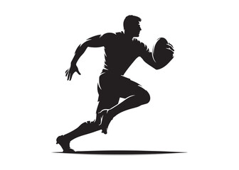 Fototapeta premium rugby union logo silhouette vector, rugby player silhouette vector illustration, rugby union sportsman logo silhouette, player running with rugby ball logo vector silhouette on white background
