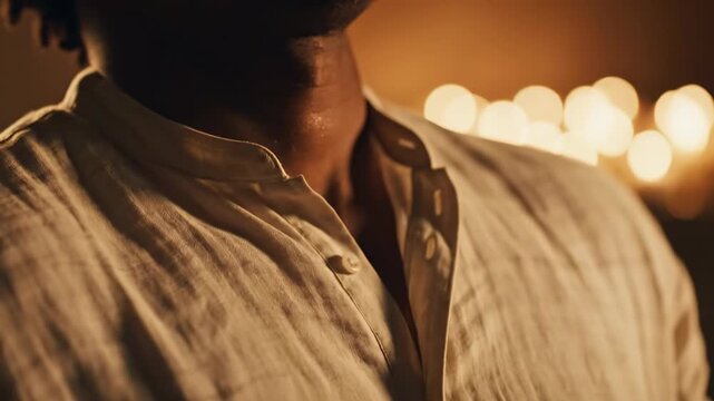 Close-up of a mans shirt with blurred lights in the background, warm tones.