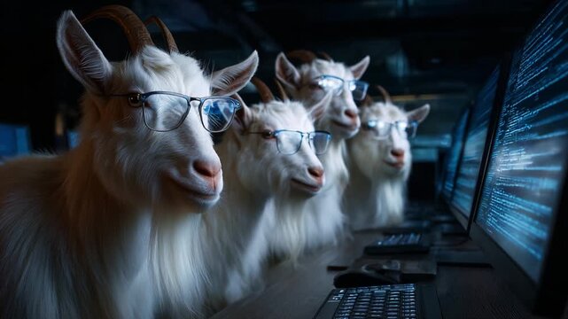 A group of intelligent-looking goats wearing glasses attentively focuses on computer screens displaying streams of code, showcasing a surreal and humorous blend of animals