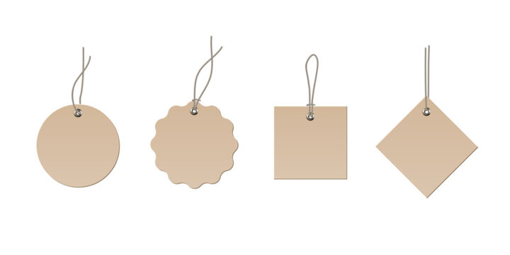 Price tags. Sale labels. Hanging tags. Blank labels mockups. Paper empty stickers of different shapes with string loops for retail, packaging, gifts, luggage. Realistic vector illustrations set