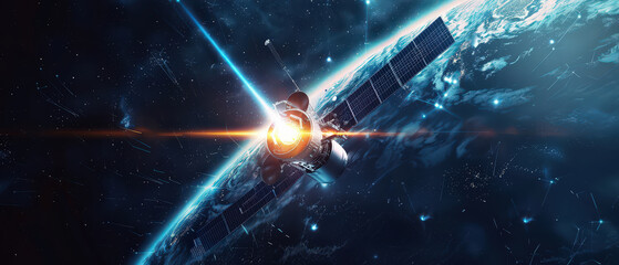 Fototapeta premium High-tech satellite orbiting Earth with illuminated solar panels and cosmic background, showing advanced space communication, global connection, and futuristic orbital technology.