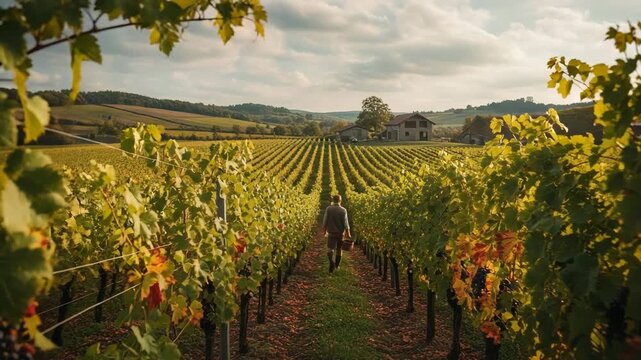 Man walking through vineyard rows during sunset in autumn landscape  