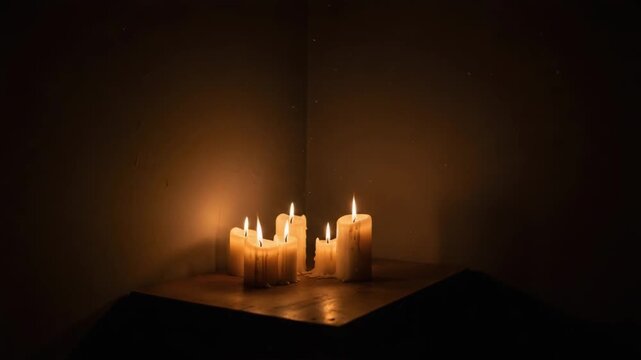 Candles glowing softly on a wooden table in a dimly lit room  