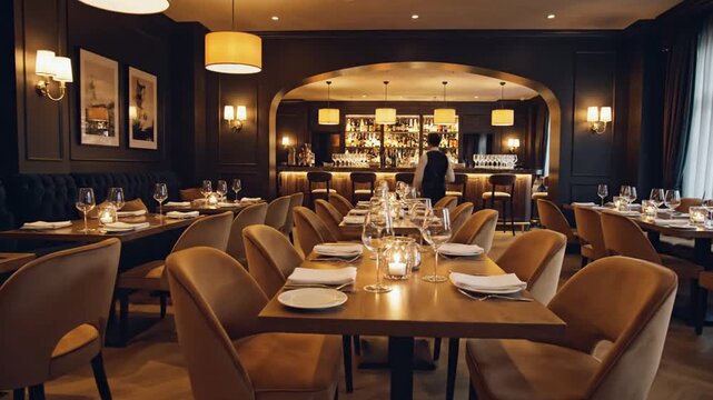 Elegant fine dining restaurant interior with warm ambient lighting, set tables, wine glasses, and stylish bar, showcasing luxury hospitality, romantic atmosphere and upscale evening dining experience.