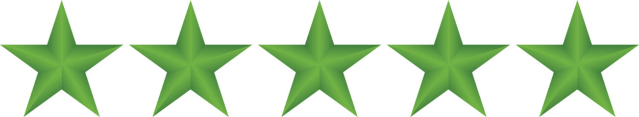 Green five-star rating icon isolated on transparent background for reviews and positive feedback