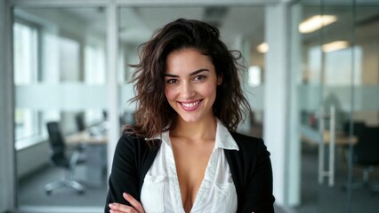 Fototapeta premium Confident young caucasian female professional smiling in modern office setting.