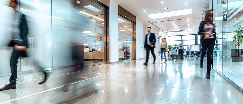Wide angle shot of people moving inside an insurance office, showing client activity, service workflow and modern corporate interior during a typical business day.