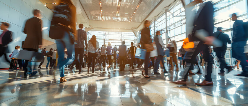Wide angle shot of people networking in a conference hall, showing professional interaction, business communication and active movement during a large corporate event.