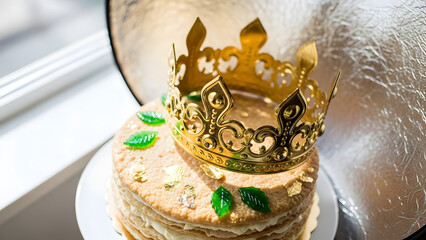 Golden Crown on Layered Cake with Edible Gold Leaf and Green Decorations