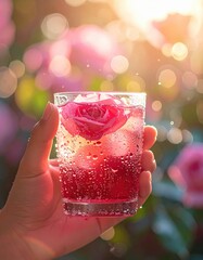 Hand Holding Refreshing Pink Drink With Rose Petal Ice Cubes in Soft Sunlight Amidst Blooming Roses