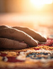Close Up Macro Shot of Aged Human Hands Resting on Intricately Patterned Oriental Rug with Warm Golden Sunlight Backlighting Creating a Serene and Reflective Mood