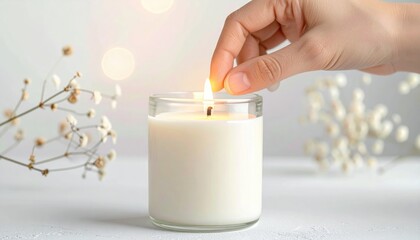 Hand Lighting A White Candle With A Match In A Glass Jar Soft Bokeh Lights And Delicate White Flowers In The Background Close Up Shot