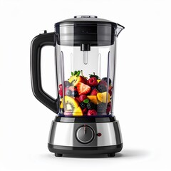 Modern Kitchen Appliance Blender Filled With Fresh Colorful Fruits On A White Background Studio Shot