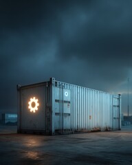 Fototapeta premium Large industrial shipping container at night, isolated, with a gear icon
