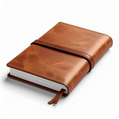 Vintage Brown Leather Journal with Elastic Band and Bookmark Detailed Close Up Studio Shot on White Background with Subtle Shadow
