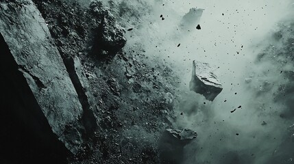 Dramatic Rockslide Tumbling Boulders and Dust Cloud in Monochrome Landscape.