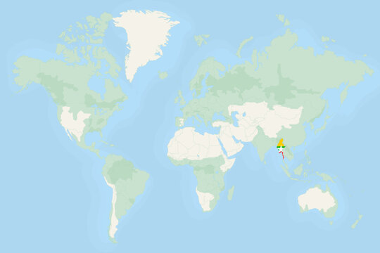 Myanmar Highlighted on World Map with National Flag. Myanmar Map and Flag.