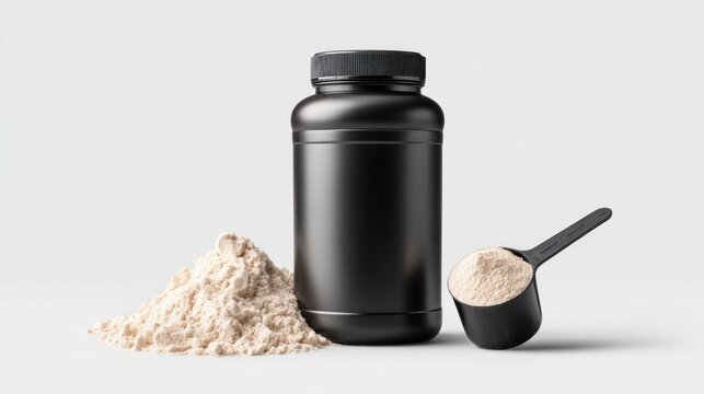 Black protein powder container with scoop and pile of powder on white background