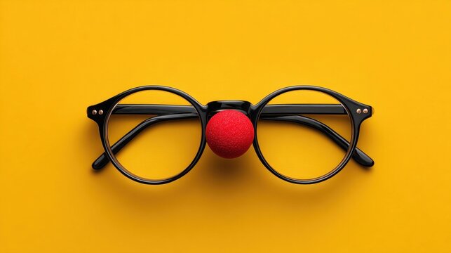 Clown glasses with red nose on yellow background, fun and humor concept