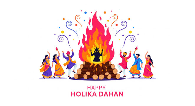 Traditional Holika Dahan celebration vector illustration showing people dancing around sacred fire symbolizing victory of good over evil during Indian Hindu festival night