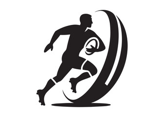 Obraz premium rugby union logo silhouette vector, rugby player silhouette vector illustration, rugby union sportsman logo silhouette, player running with rugby ball logo vector silhouette on white background