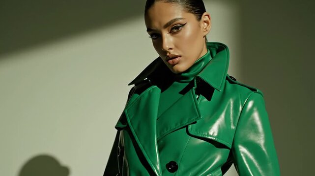 Stylish fashion portrait of a confident woman in a glossy green trench coat with dramatic light and shadow, expressing elegance, luxury, and modern high-end editorial beauty.