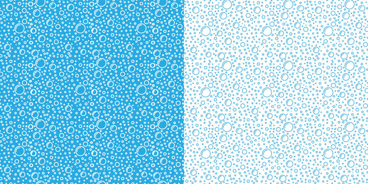 Water blue bubble on the white background. Set of doodle seamless pattern line bubbles. Sketch rounded fizzy drink shapes. Air foam soap. Aqua shower drop and sparkle background. Vector illustration