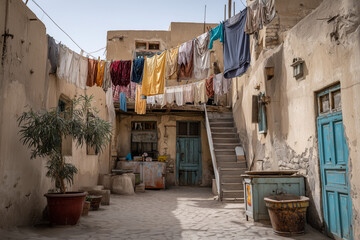 Fototapeta premium Colorful laundry hanging across a sunlit old courtyard with textured walls. Authentic travel photography capturing everyday life and cultural atmosphere, ideal for tourism and storytelling themes