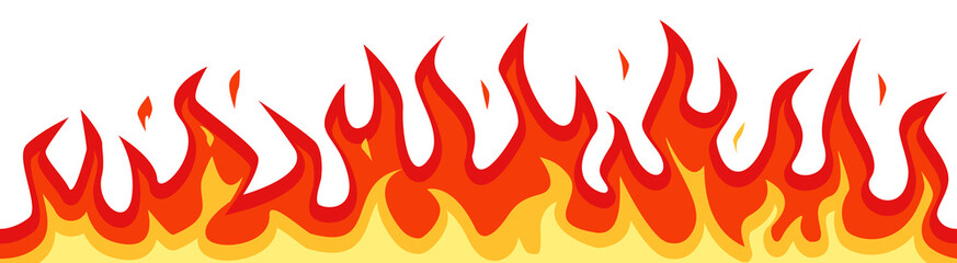 Fire seamless cartoon border. Flames burning heat frame, hot red flame. Orange wildfire horizontal banner. Power energy dynamic fiery. Vector isolated clipart.