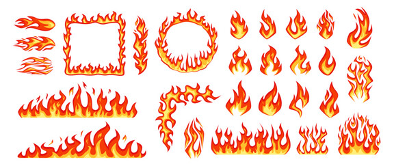 Cartoon fire burning flame. Hot bonfire element, heat game effect. Red comic wildfire border, inferno elements, hell fireball. Danger and energy symbol, torch blaze. Combustion, angry mood vector set. © Ukio.stock