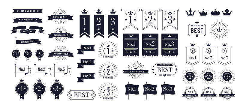 Ranking vector badges. Success achievement, winner and best quality, number one banner. Prize reward first place labels, award rank graduation and laurel wreath for game. Ranking ribbons with star.