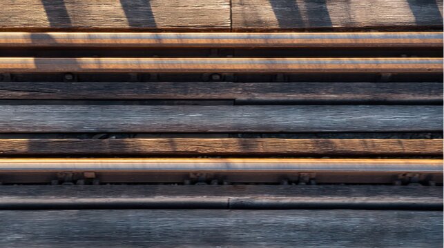 Top-down view of parallel railway tracks and wooden sleepers creating geometric lines. mobility guides, transit brochures, designed for mobility and urban transit guides.