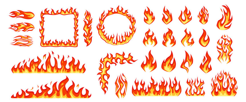 Cartoon fire burning flame. Hot bonfire element, heat game effect. Red comic wildfire border, inferno elements, hell fireball. Danger and energy symbol, torch blaze. Combustion, angry mood vector set.