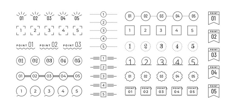 Number bullet point. Infographic step, process marker, progress list doodle label. Business presentation, user interface. Title text frame, ribbon and arrow. Box bullets, chronology vector icon.