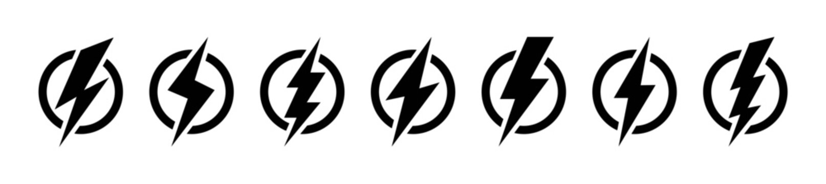 Lightning bolt emblem in circle. Energy symbol, power icon, electricity sign. Electric charge pictogram, thunder warning design. Thunderbolt simple logo, light flash, fast battery charger vector set.