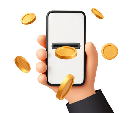 Phone and coins. Hand holding smartphone with golden coins. Cashback, mobile banking and online earning, investment and wallet app, transaction and saving, transaction refund vector isolated concept