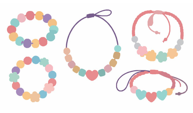90s style kids plastic bead jewelry flat vector illustration set