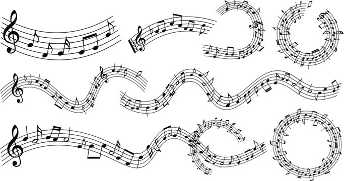 Decorative Music Staff and Note Vector Set with Curved, Circular, and Flowing Musical Lines for Sound Design, Posters, and Creative Backgrounds