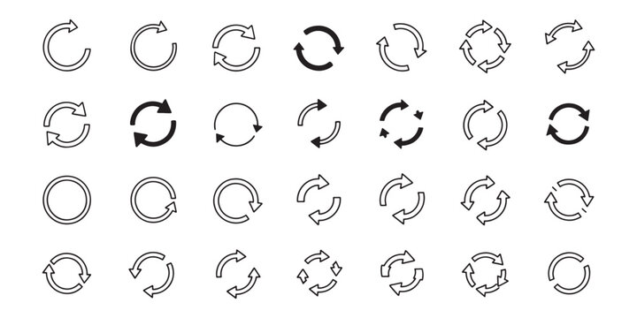 Vector set of refresh and recycle icons, collection of circular arrow silhouettes for loading, reset and repeat status in UI design