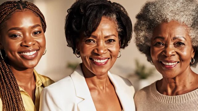 Three smiling Black women of different ages posing together indoors
