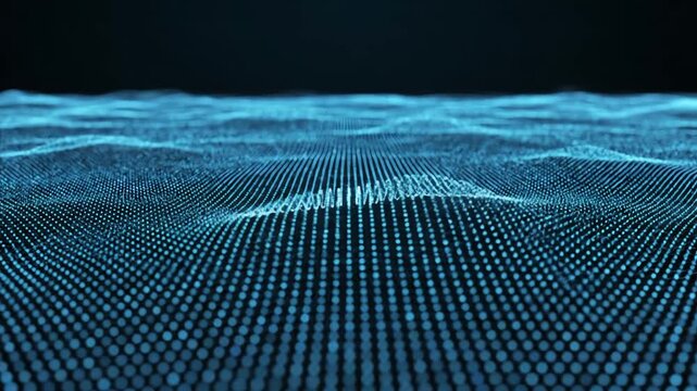 Abstract network of blue dots undulating across a dark plane creating a futuristic and technological atmosphere.
