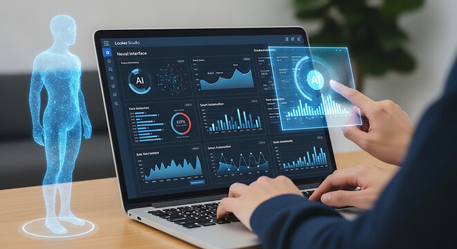 Professional individual operating laptop featuring futuristic artificial intelligence agent dashboard with neural interface visualization and complex data analytics chart overlaying screen.